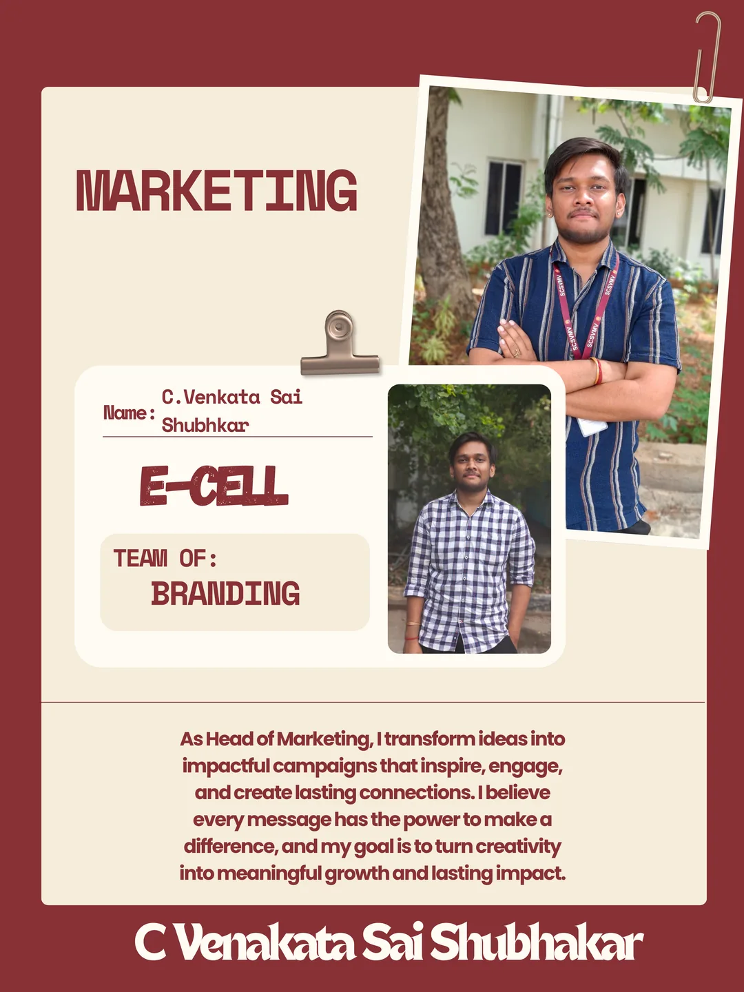 C. Venkata Sai Shubkar, Marketing Head